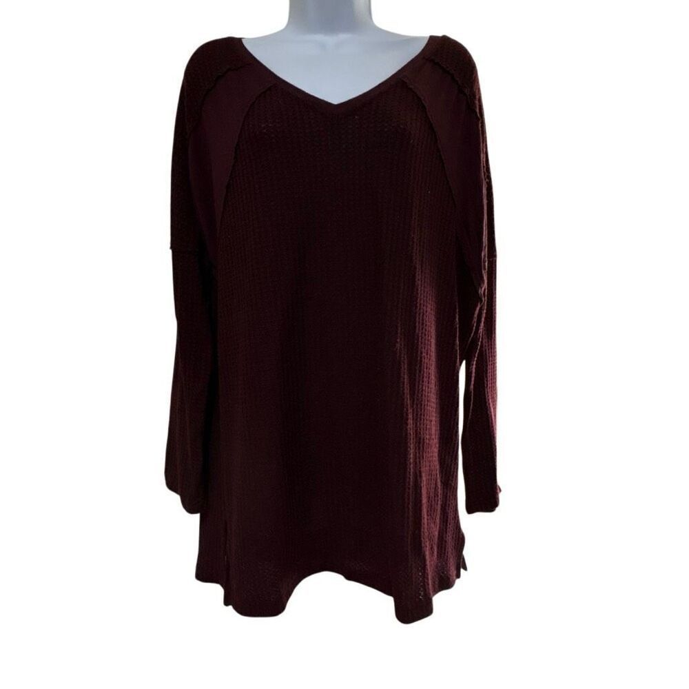 Weekend Suzanne Betro Burgundy Waffle Knit Long Sleeve V Neck Pullover Top Large